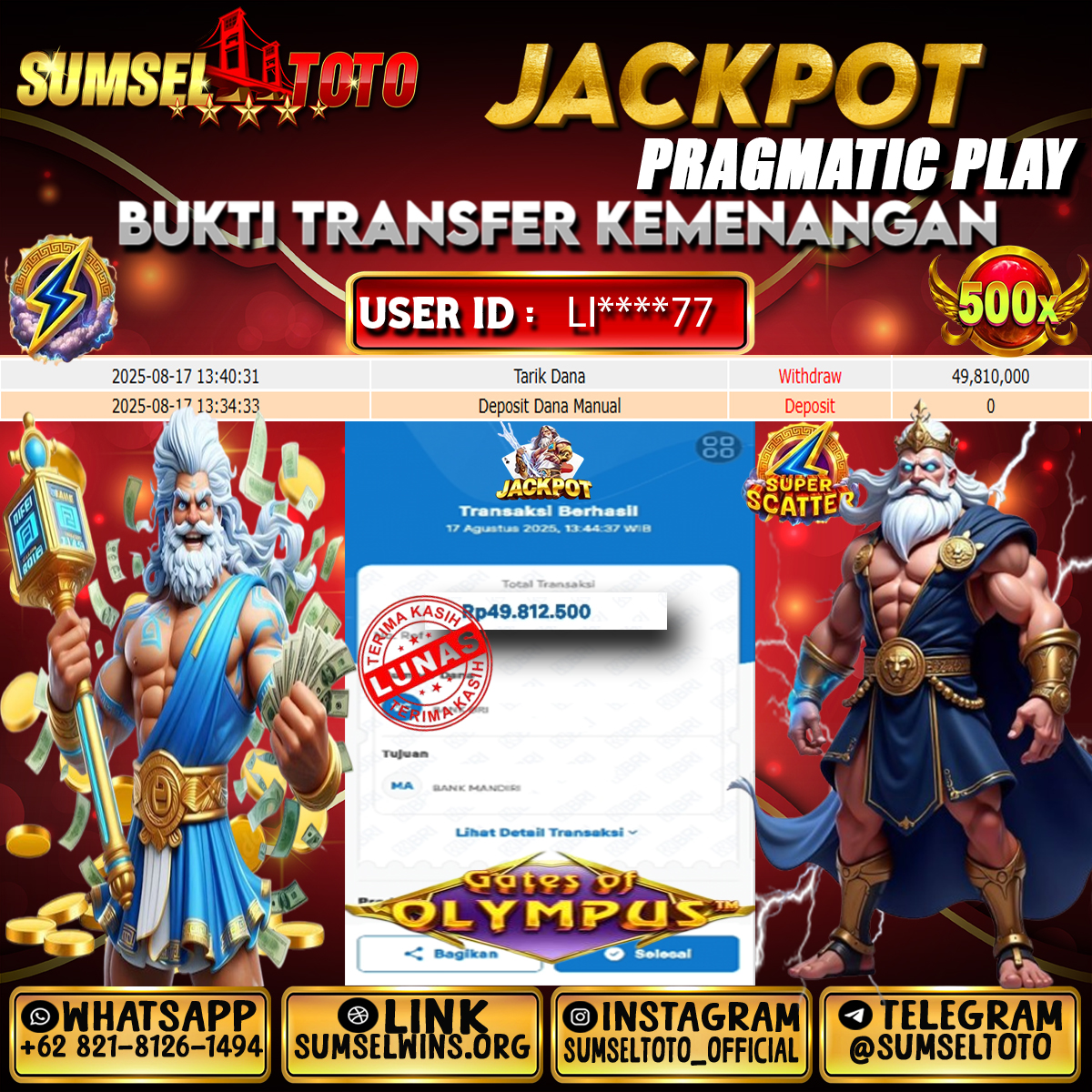 SUMSELTOTO JACKPOT GATES OF OLYMPUS Rp.49,819,500.,- LUNAS